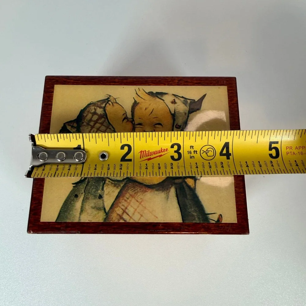 Vintage Wooden Music Box‎ with Hummel Illustration Hinged Lid little girls